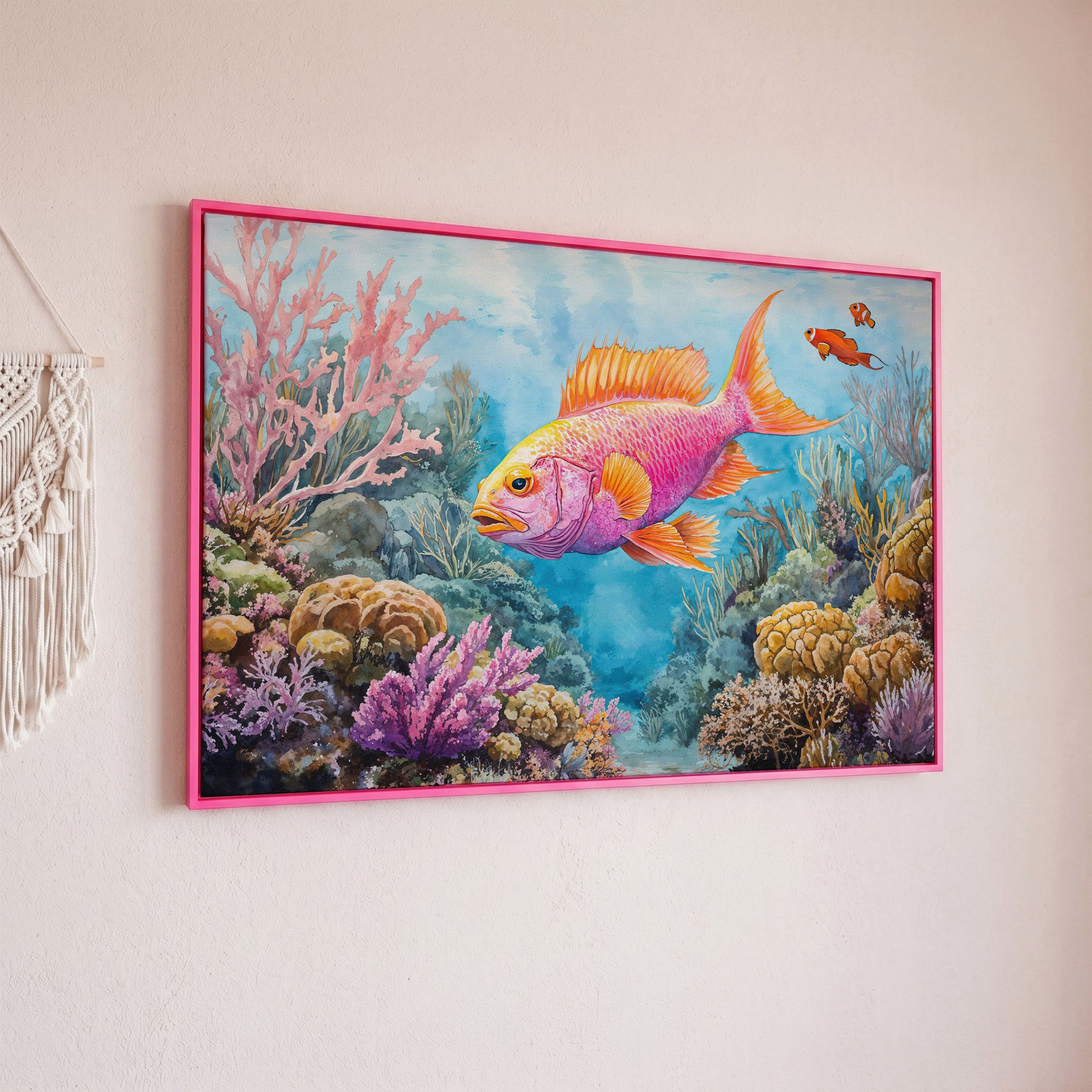 Tropical Fish and Coral Reef Underwater Canvas Wall Art in pink floating frame