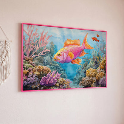 Tropical Fish and Coral Reef Underwater Canvas Wall Art in pink floating frame