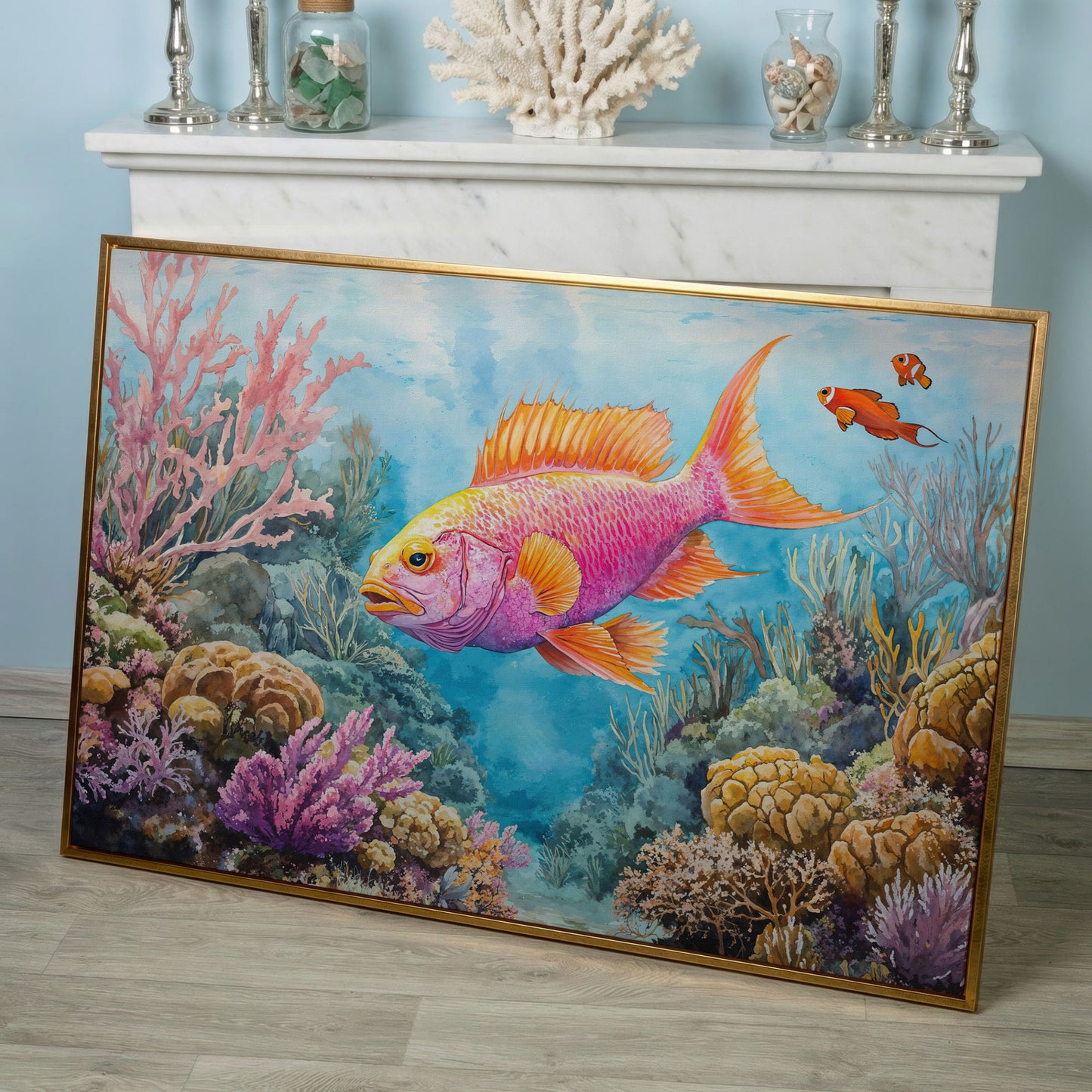 Tropical Fish and Coral Reef Underwater Canvas Wall Art in rose gold floating frame