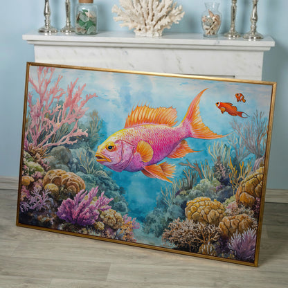 Tropical Fish and Coral Reef Underwater Canvas Wall Art in rose gold floating frame