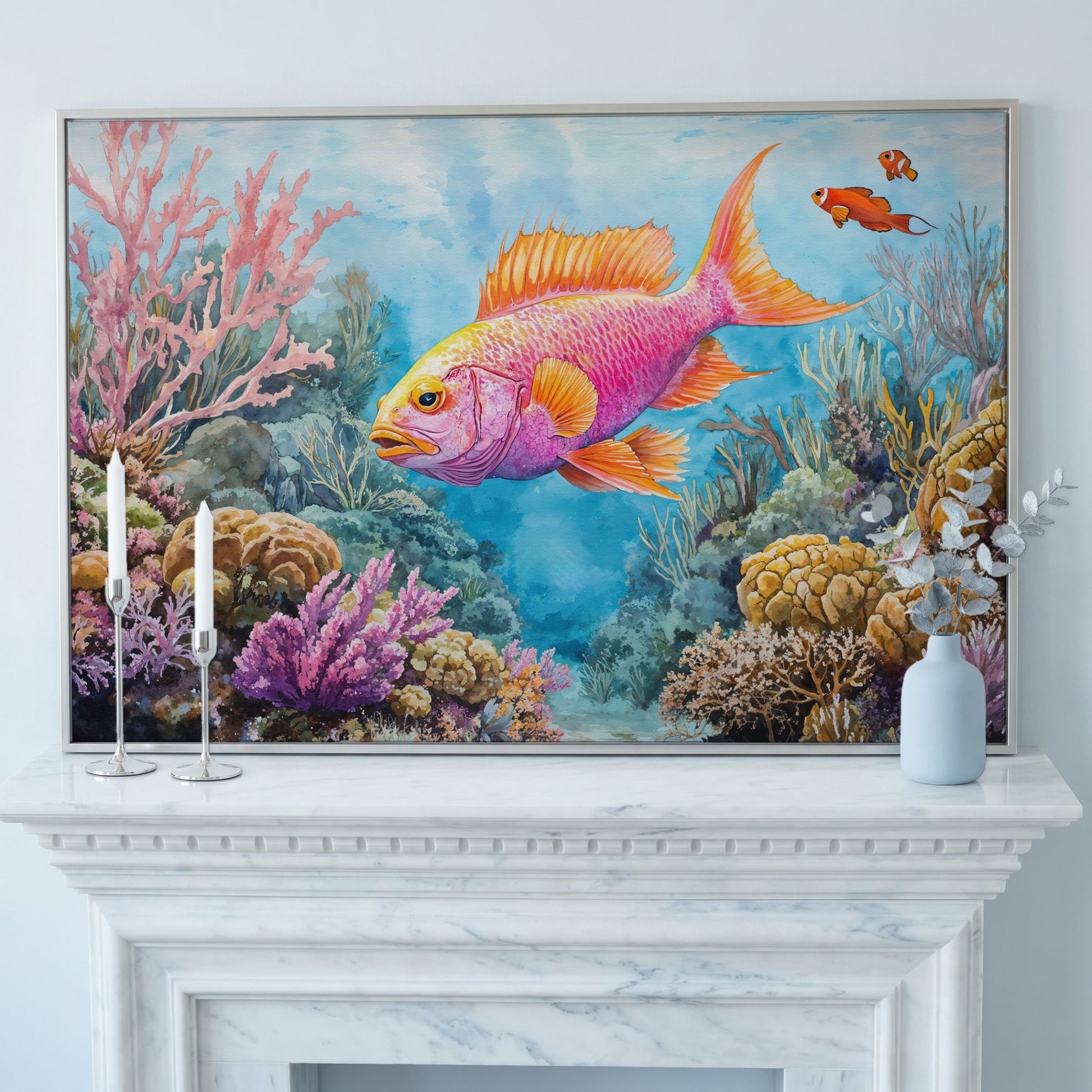 Tropical Fish and Coral Reef Underwater Canvas Wall Art in silver floating frame