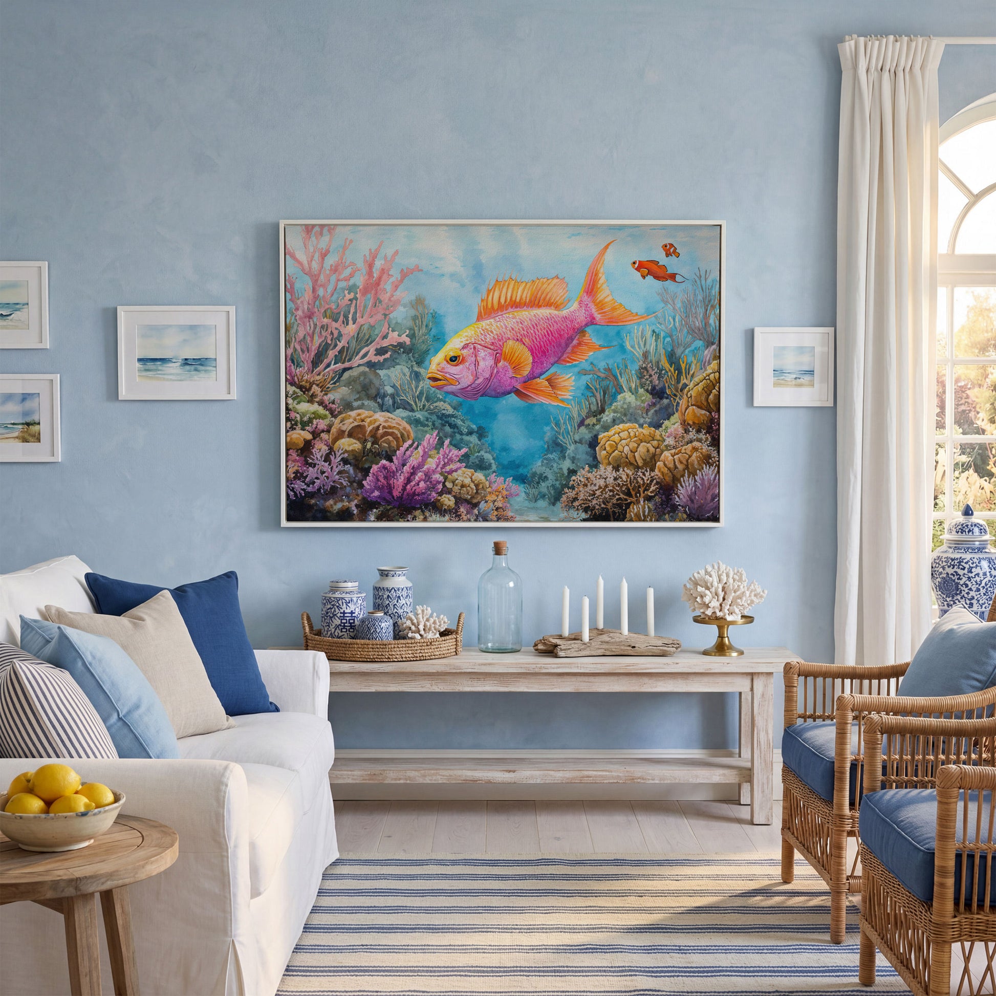 Tropical Fish and Coral Reef Underwater Canvas Wall Art in white floating frame