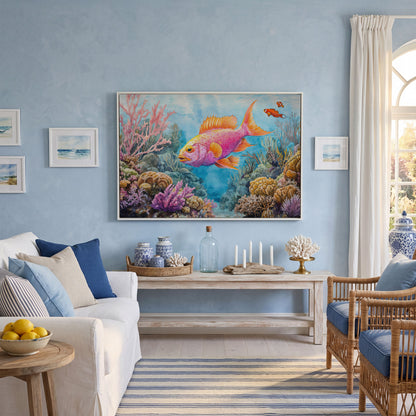 Tropical Fish and Coral Reef Underwater Canvas Wall Art in white floating frame