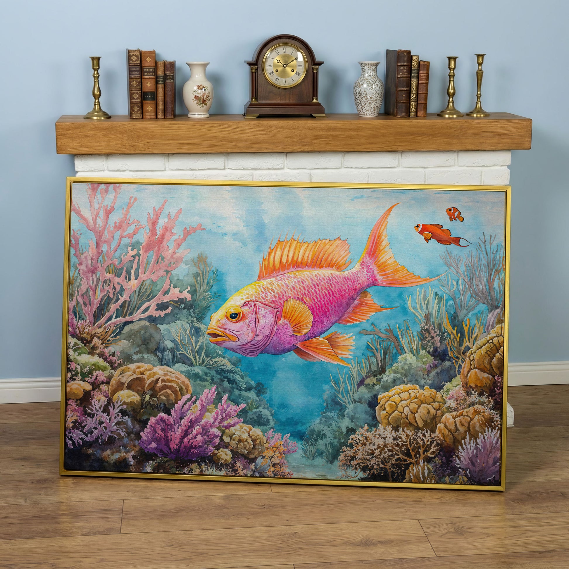 Tropical Fish and Coral Reef Underwater Canvas Wall Art in yellow gold floating frame