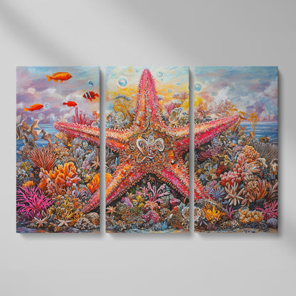 Coral Reef Starfish Canvas Art, Vivid Underwater Ocean Scene as 3-panel split version