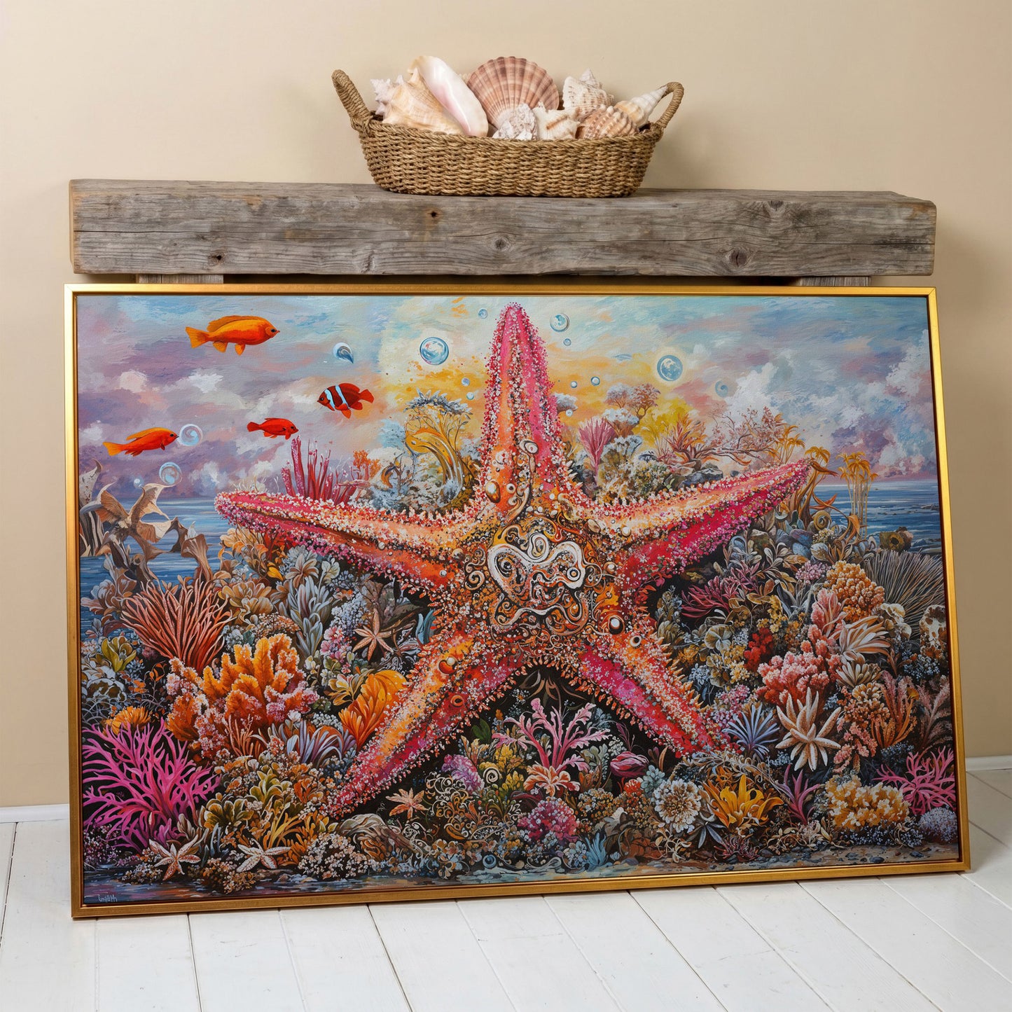 Coral Reef Starfish Canvas Art, Vivid Underwater Ocean Scene in antique gold floating frame