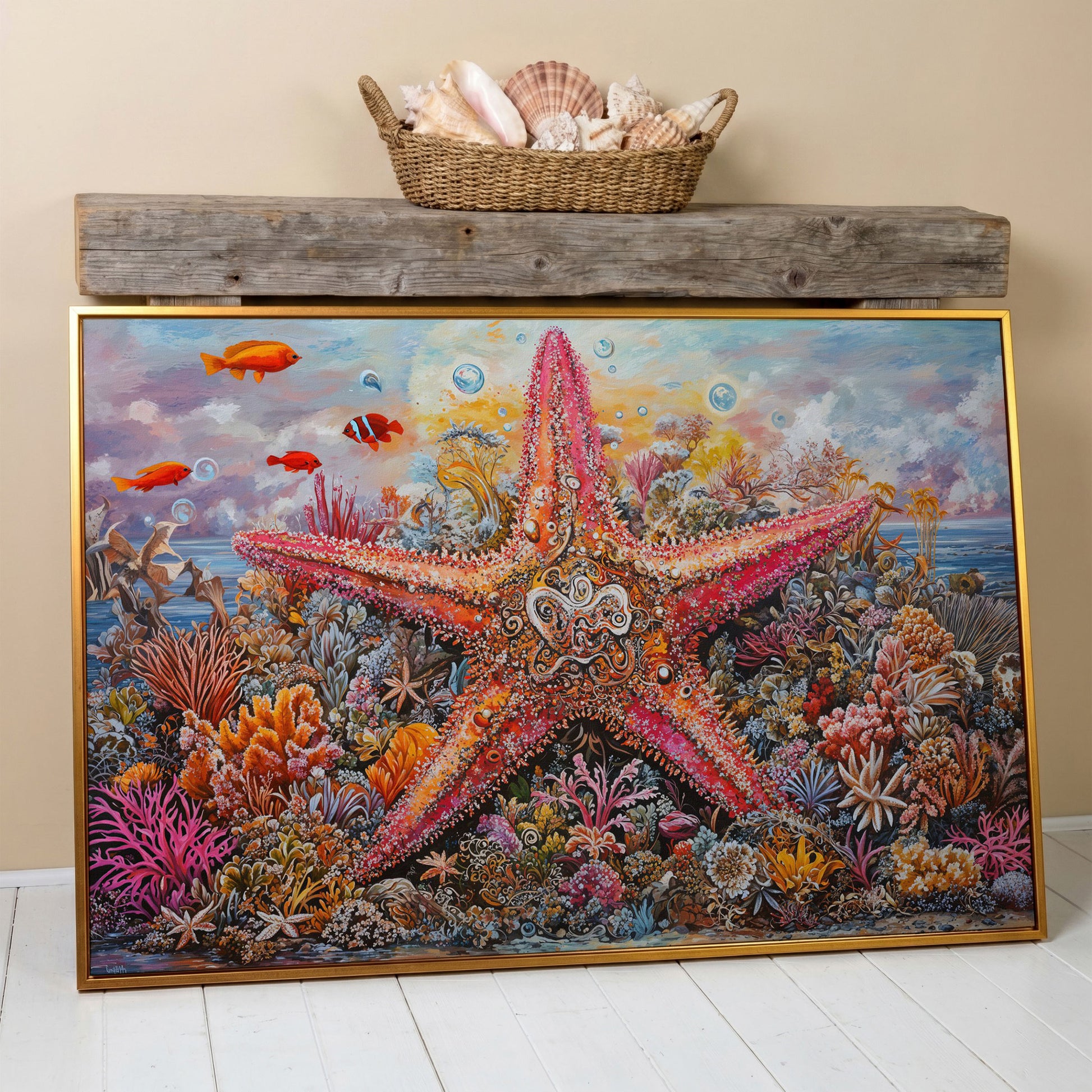 Coral Reef Starfish Canvas Art, Vivid Underwater Ocean Scene in antique gold floating frame