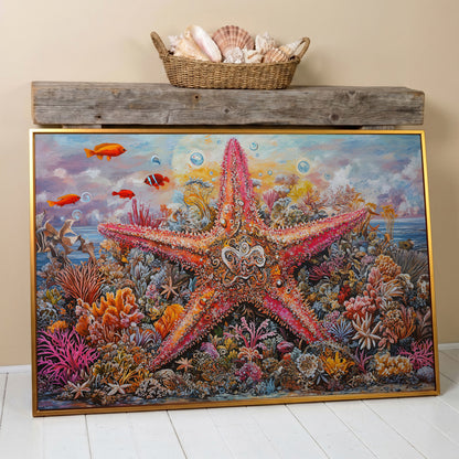 Coral Reef Starfish Canvas Art, Vivid Underwater Ocean Scene in antique gold floating frame