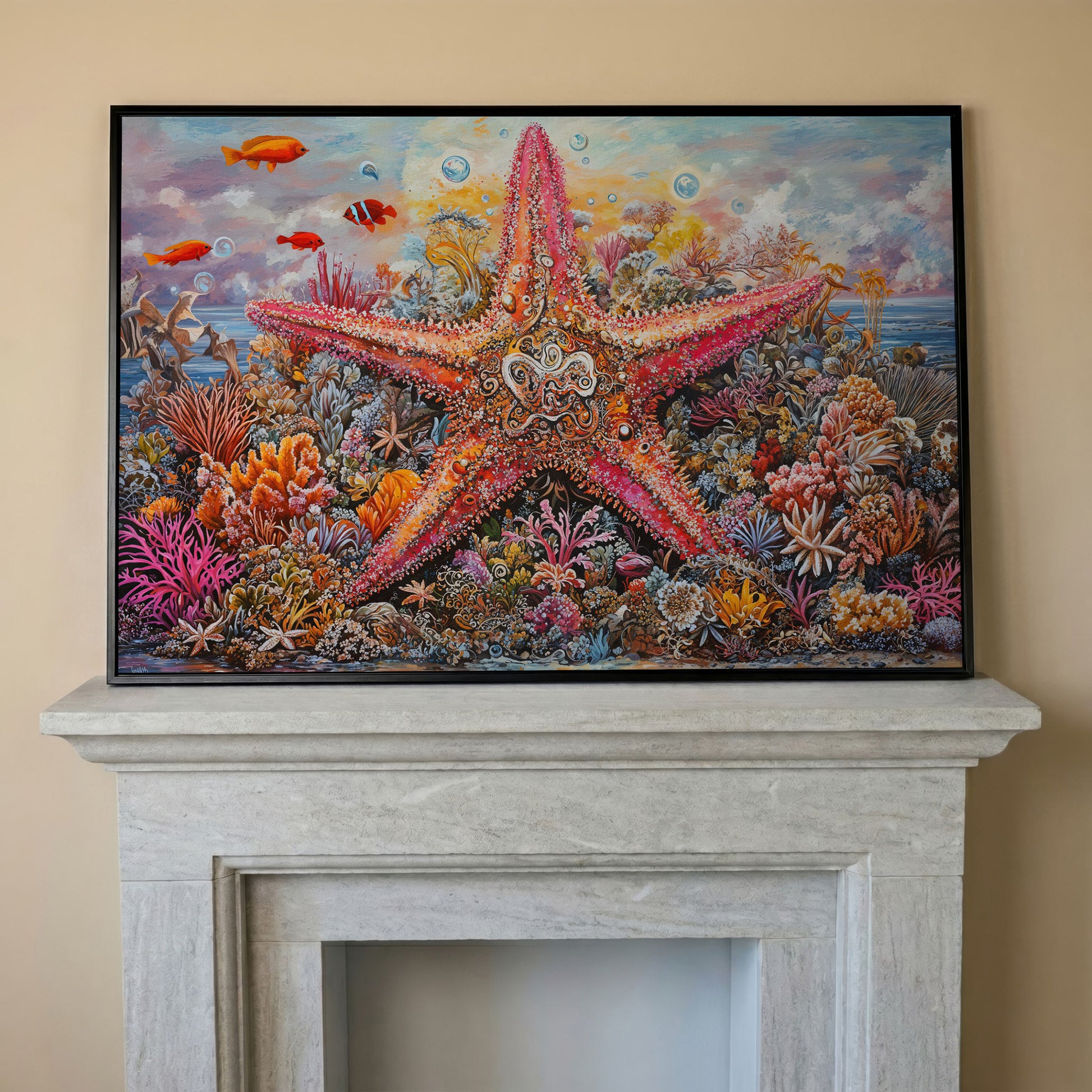 Coral Reef Starfish Canvas Art, Vivid Underwater Ocean Scene in black floating frame