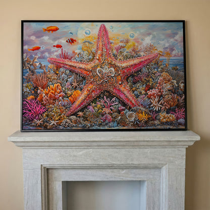 Coral Reef Starfish Canvas Art, Vivid Underwater Ocean Scene in black floating frame