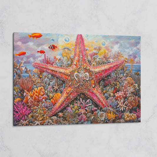 Coral Reef Starfish Canvas Art, Vivid Underwater Ocean Scene on gallery wrap