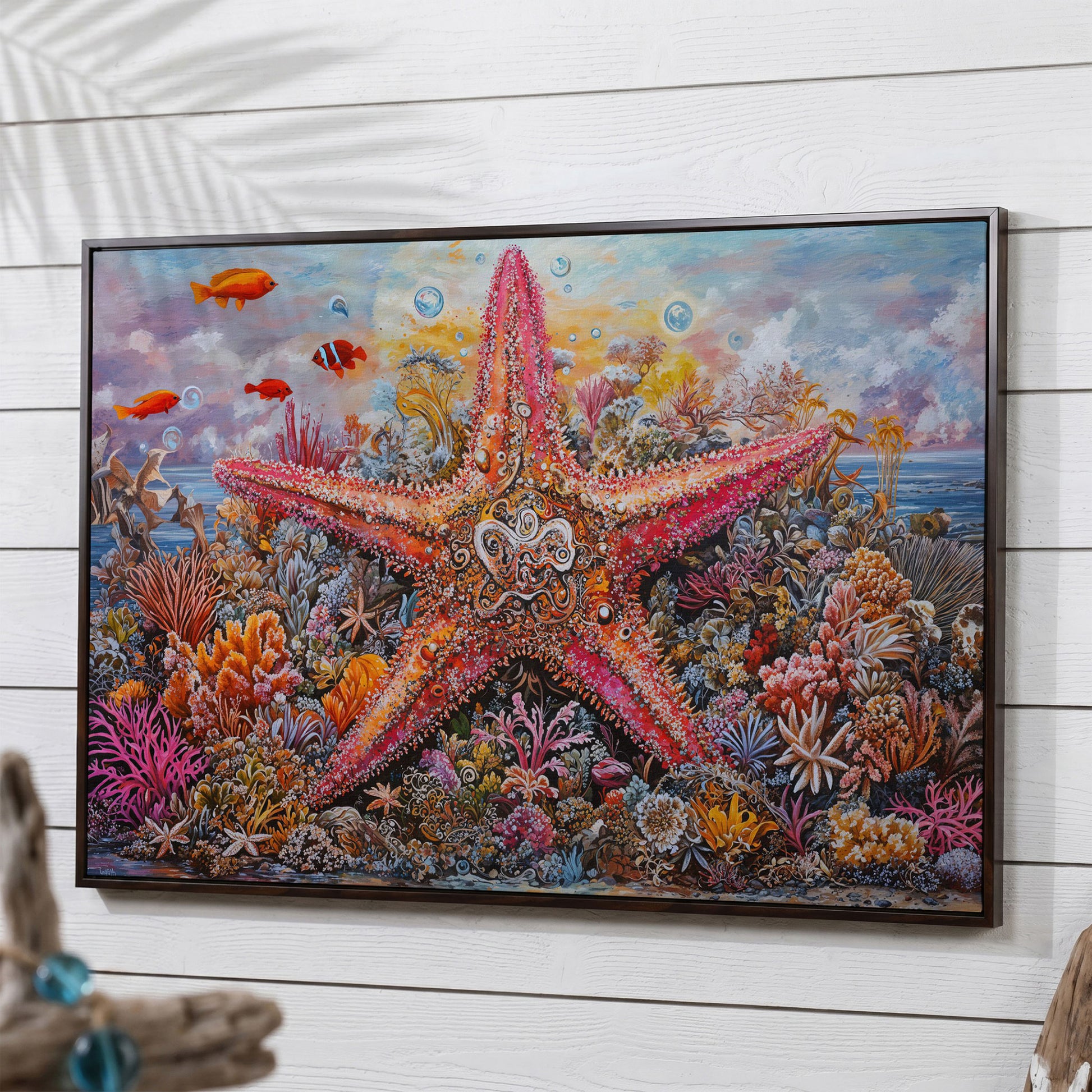 Coral Reef Starfish Canvas Art, Vivid Underwater Ocean Scene in dark walnut floating frame