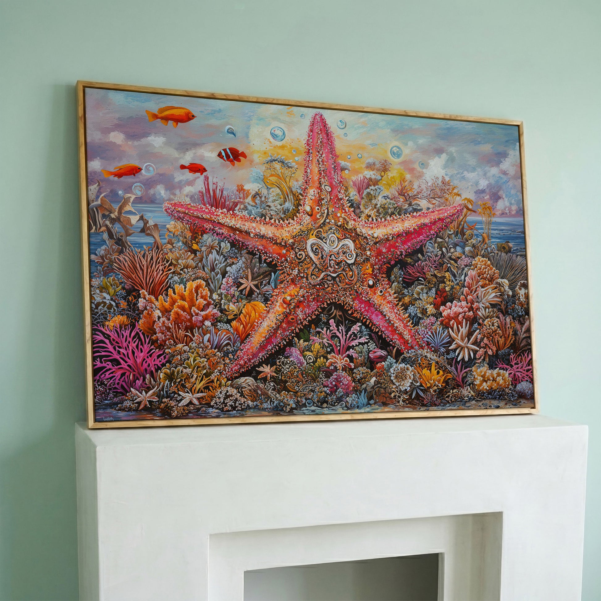 Coral Reef Starfish Canvas Art, Vivid Underwater Ocean Scene in white oak floating frame
