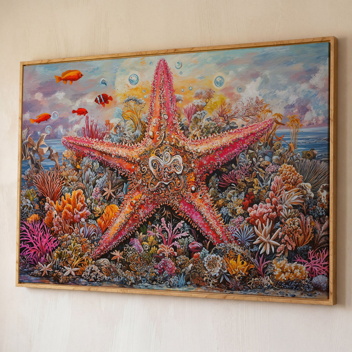 Coral Reef Starfish Canvas Art, Vivid Underwater Ocean Scene shown in white oak floating frame