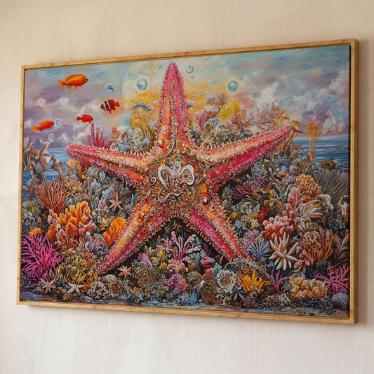 Coral Reef Starfish Canvas Art, Vivid Underwater Ocean Scene shown in white oak floating frame