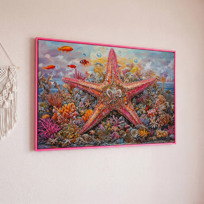 Coral Reef Starfish Canvas Art, Vivid Underwater Ocean Scene in pink floating frame