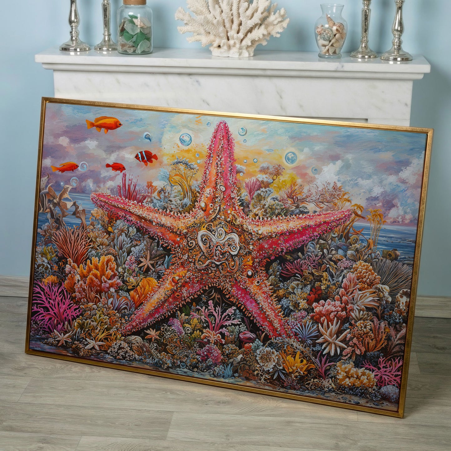 Coral Reef Starfish Canvas Art, Vivid Underwater Ocean Scene in rose gold floating frame