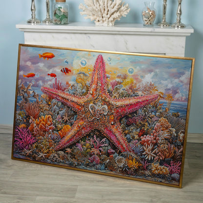 Coral Reef Starfish Canvas Art, Vivid Underwater Ocean Scene in rose gold floating frame