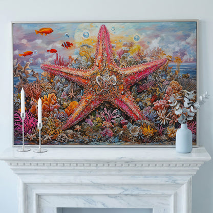 Coral Reef Starfish Canvas Art, Vivid Underwater Ocean Scene in silver floating frame