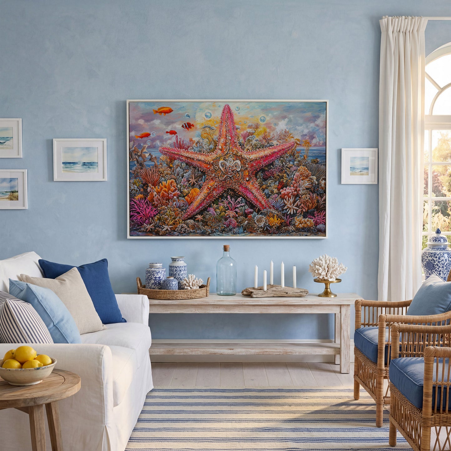 Coral Reef Starfish Canvas Art, Vivid Underwater Ocean Scene in white floating frame