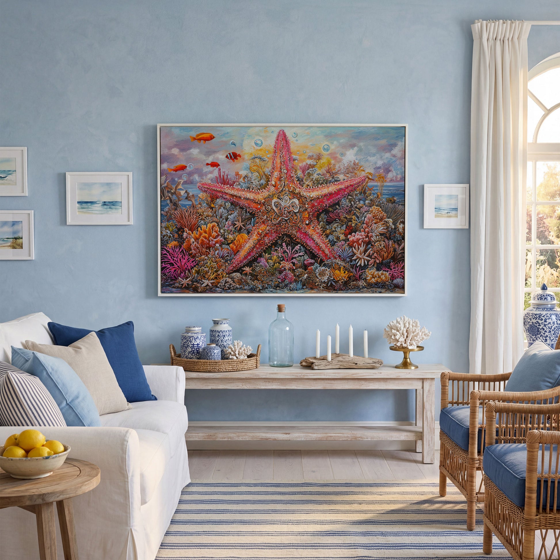 Coral Reef Starfish Canvas Art, Vivid Underwater Ocean Scene in white floating frame