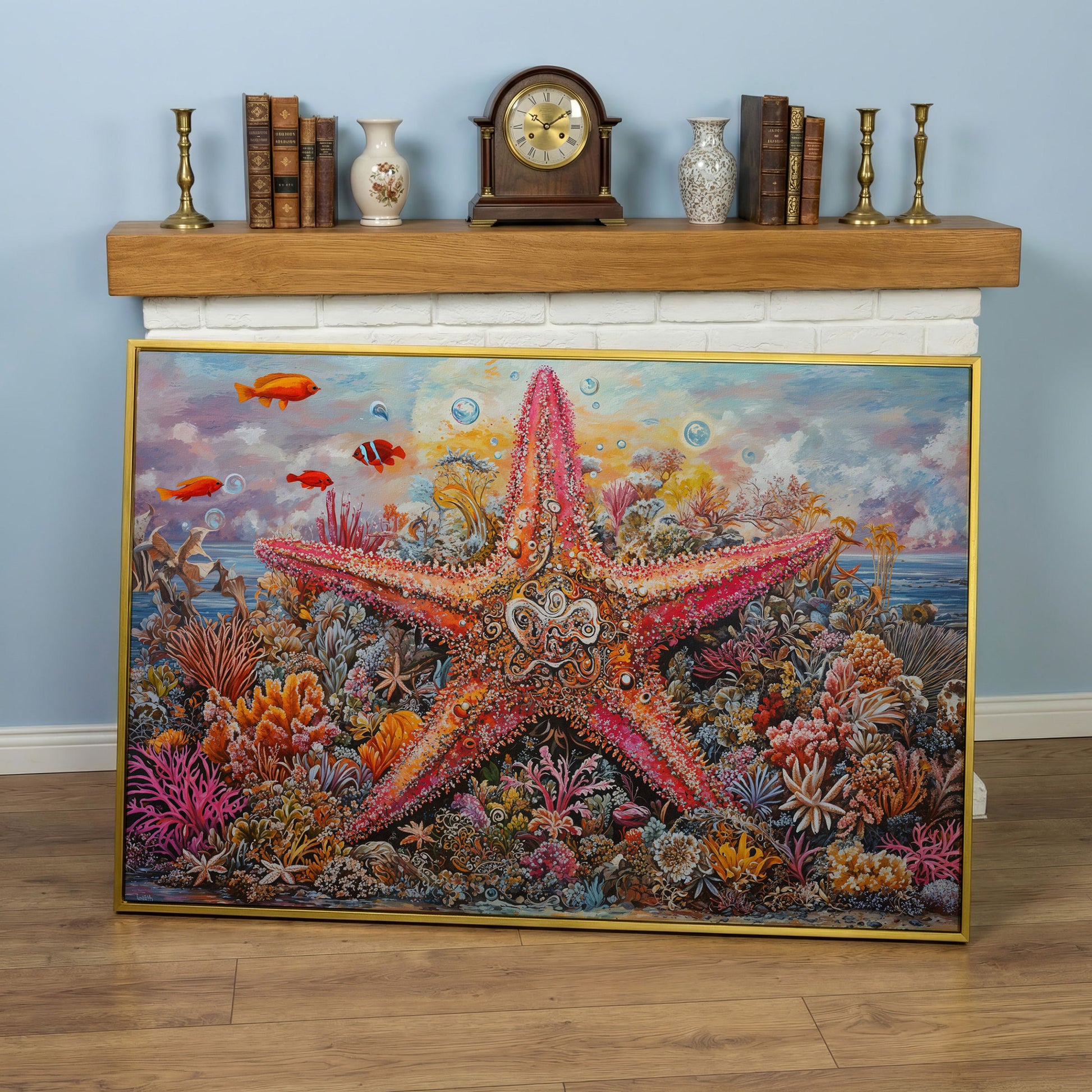 Coral Reef Starfish Canvas Art, Vivid Underwater Ocean Scene in yellow gold floating frame