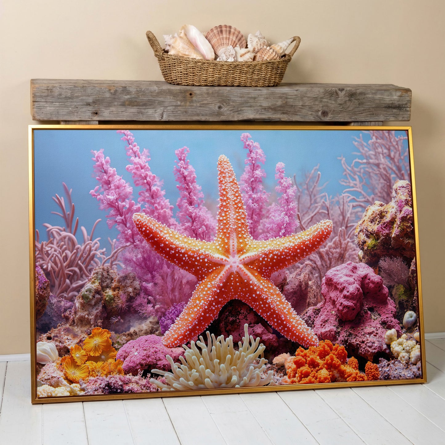 Starfish and Coral Reef Canvas Wall Art, Vibrant Marine Life Print in antique gold floating frame