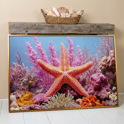Starfish and Coral Reef Canvas Wall Art, Vibrant Marine Life Print in antique gold floating frame