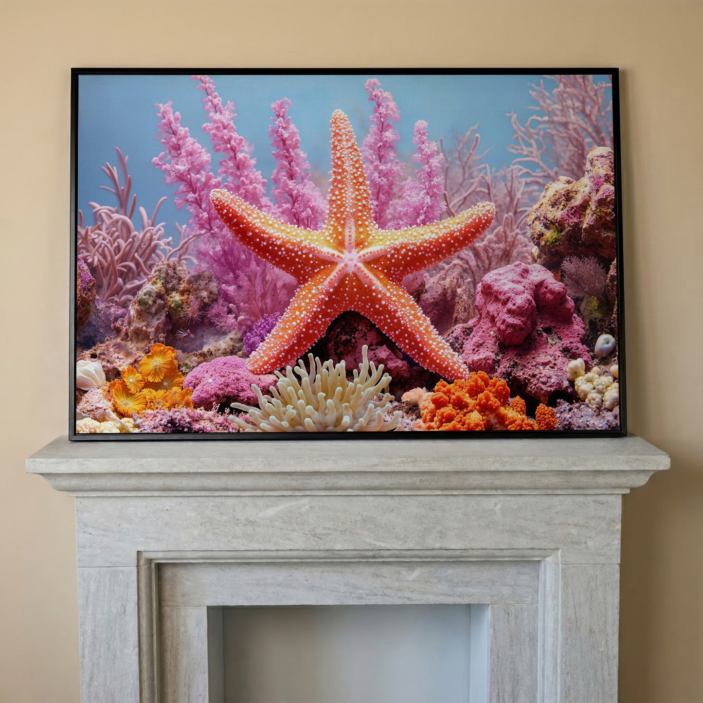 Starfish and Coral Reef Canvas Wall Art, Vibrant Marine Life Print in black floating frame