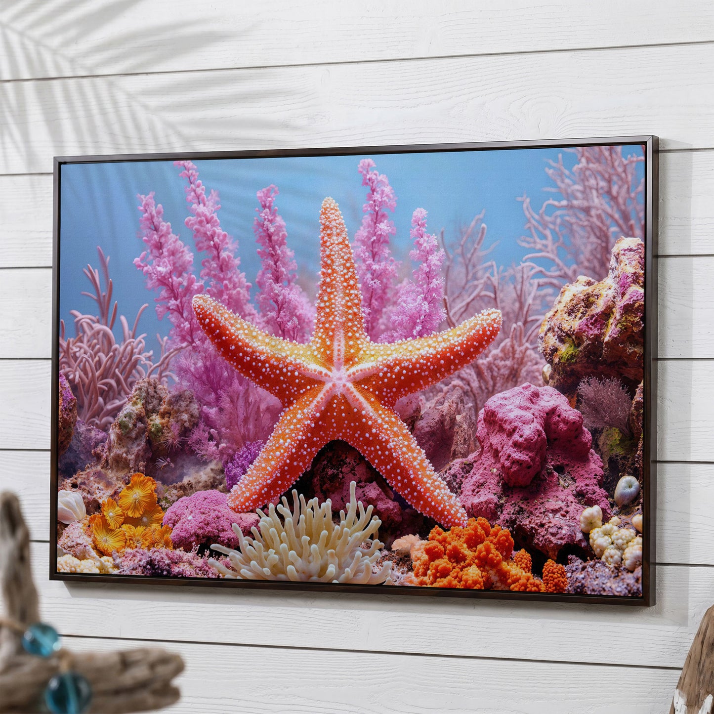 Starfish and Coral Reef Canvas Wall Art, Vibrant Marine Life Print in dark walnut floating frame