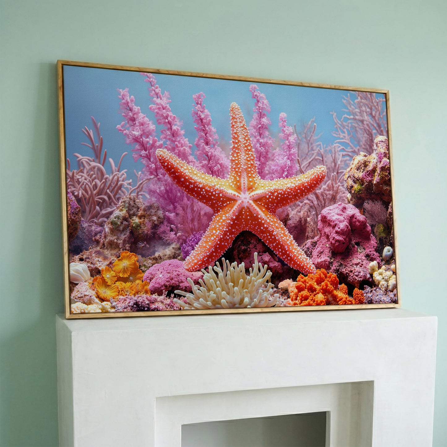 Starfish and Coral Reef Canvas Wall Art, Vibrant Marine Life Print in white oak floating frame