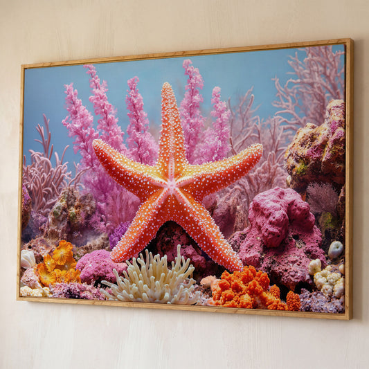 Starfish and Coral Reef Canvas Wall Art, Vibrant Marine Life Print shown in white oak floating frame