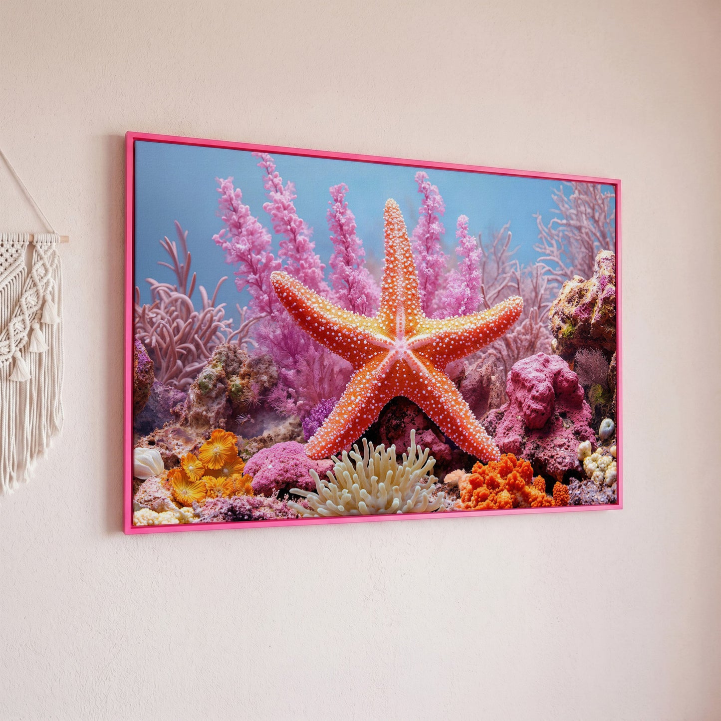 Starfish and Coral Reef Canvas Wall Art, Vibrant Marine Life Print in pink floating frame