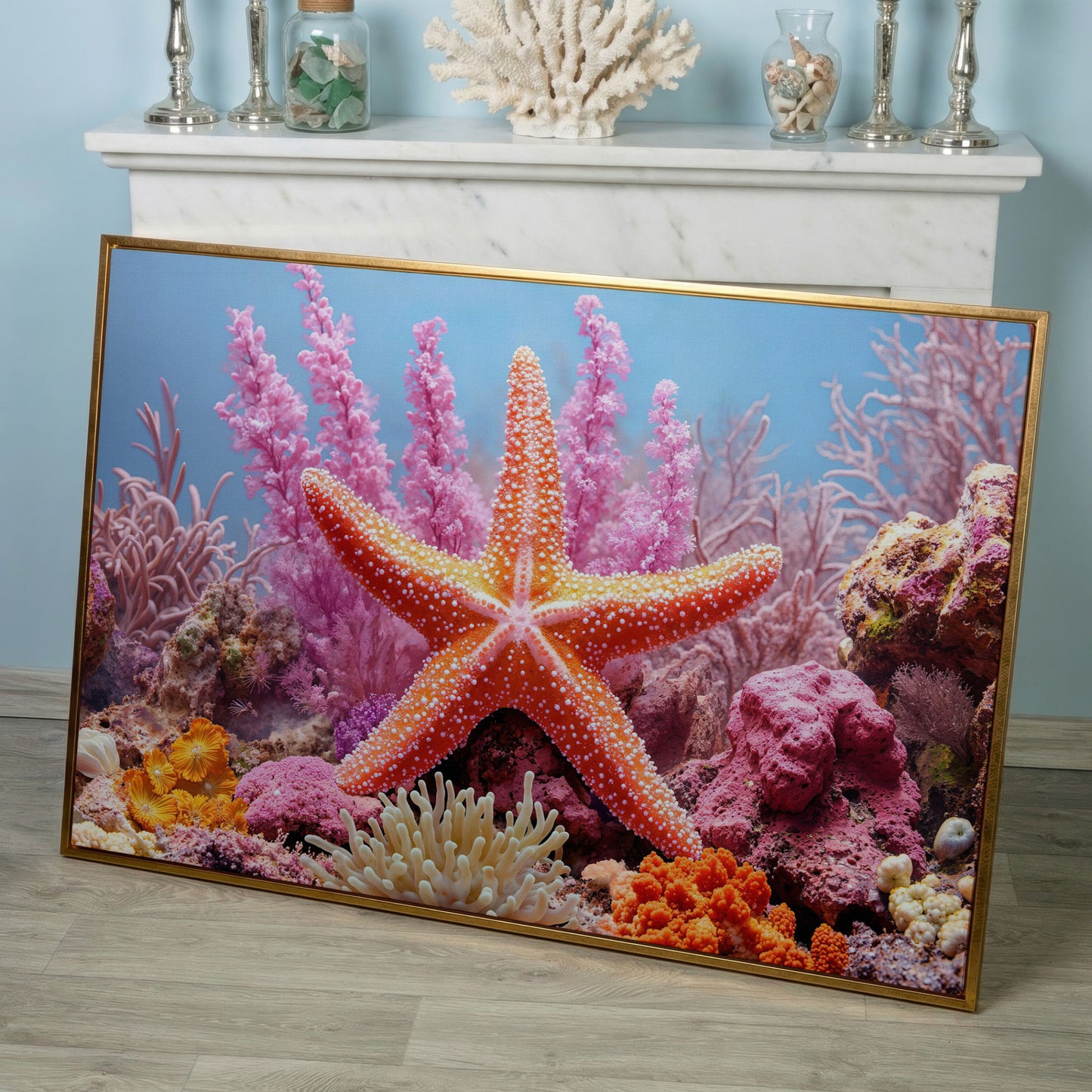 Starfish and Coral Reef Canvas Wall Art, Vibrant Marine Life Print in rose gold floating frame