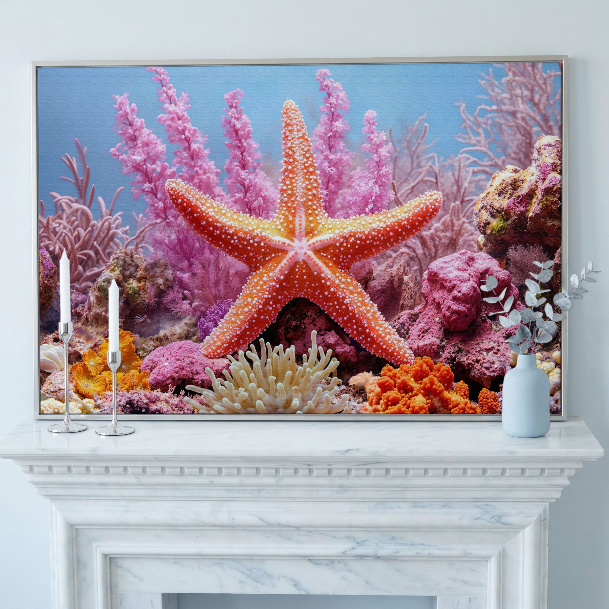 Starfish and Coral Reef Canvas Wall Art, Vibrant Marine Life Print in silver floating frame