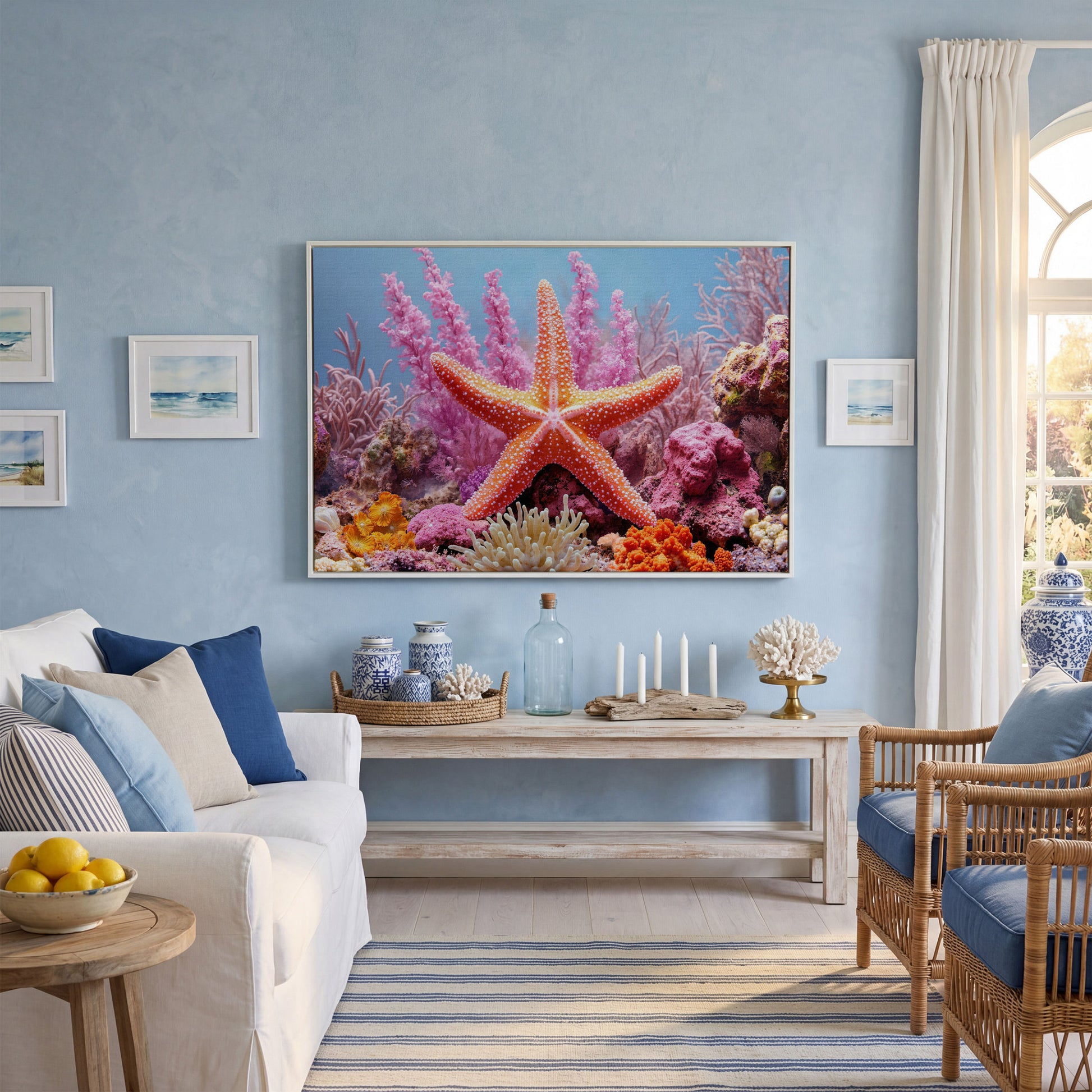 Starfish and Coral Reef Canvas Wall Art, Vibrant Marine Life Print in white floating frame