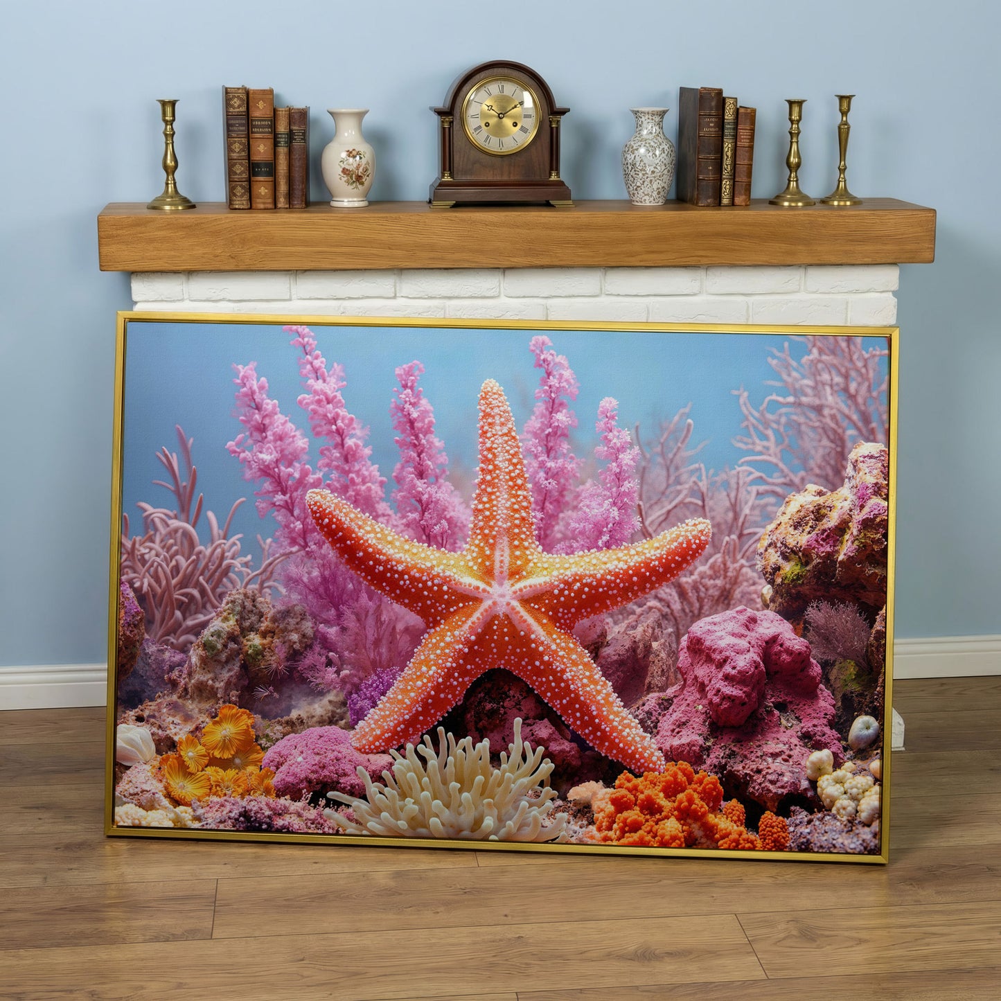 Starfish and Coral Reef Canvas Wall Art, Vibrant Marine Life Print in yellow gold floating frame