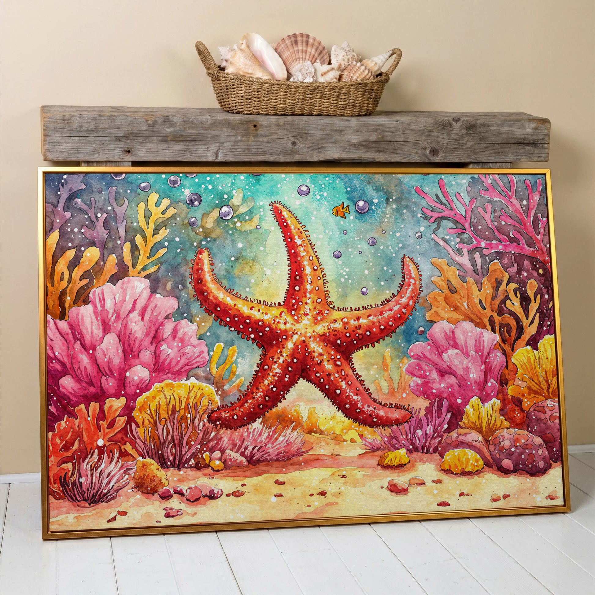 Starfish and Coral Reef Underwater Canvas Wall Art in antique gold floating frame
