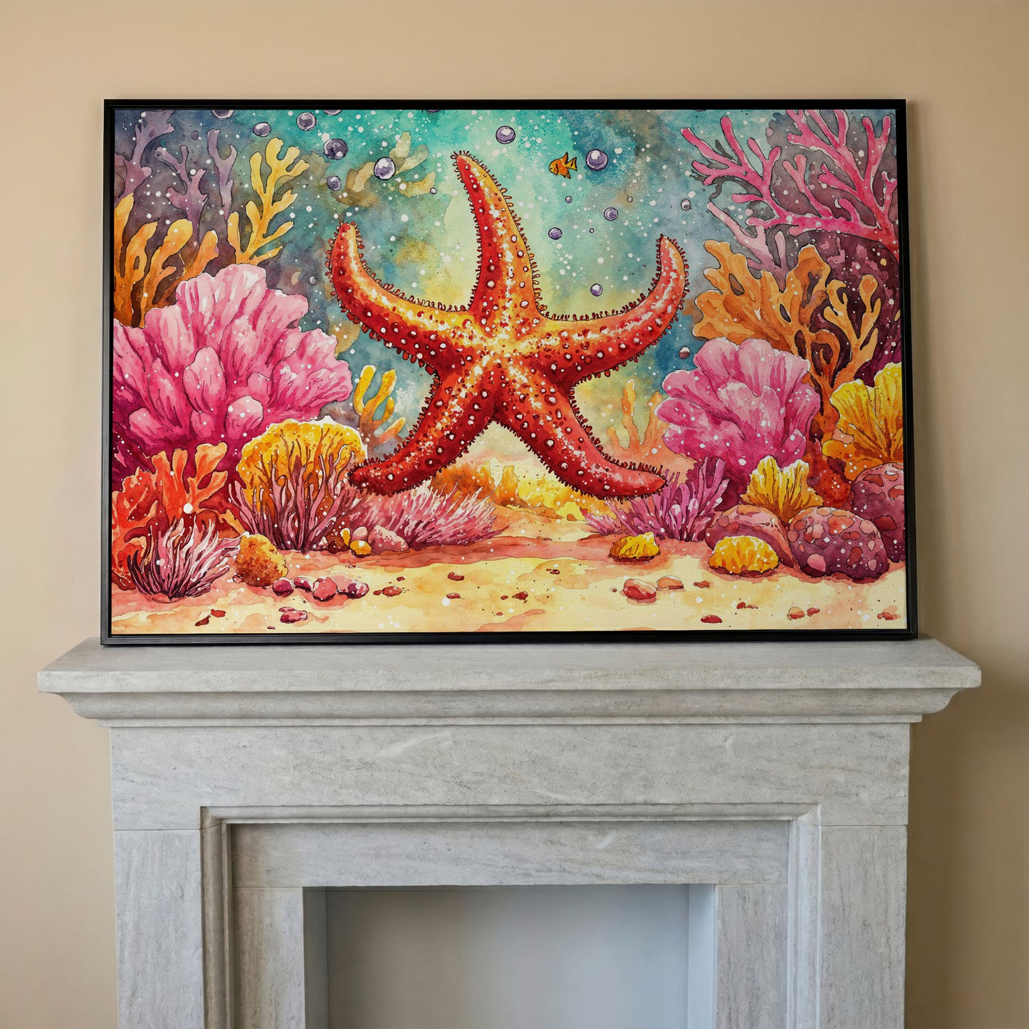Starfish and Coral Reef Underwater Canvas Wall Art in black floating frame