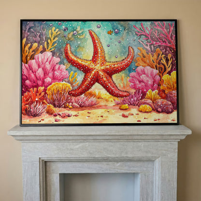 Starfish and Coral Reef Underwater Canvas Wall Art in black floating frame