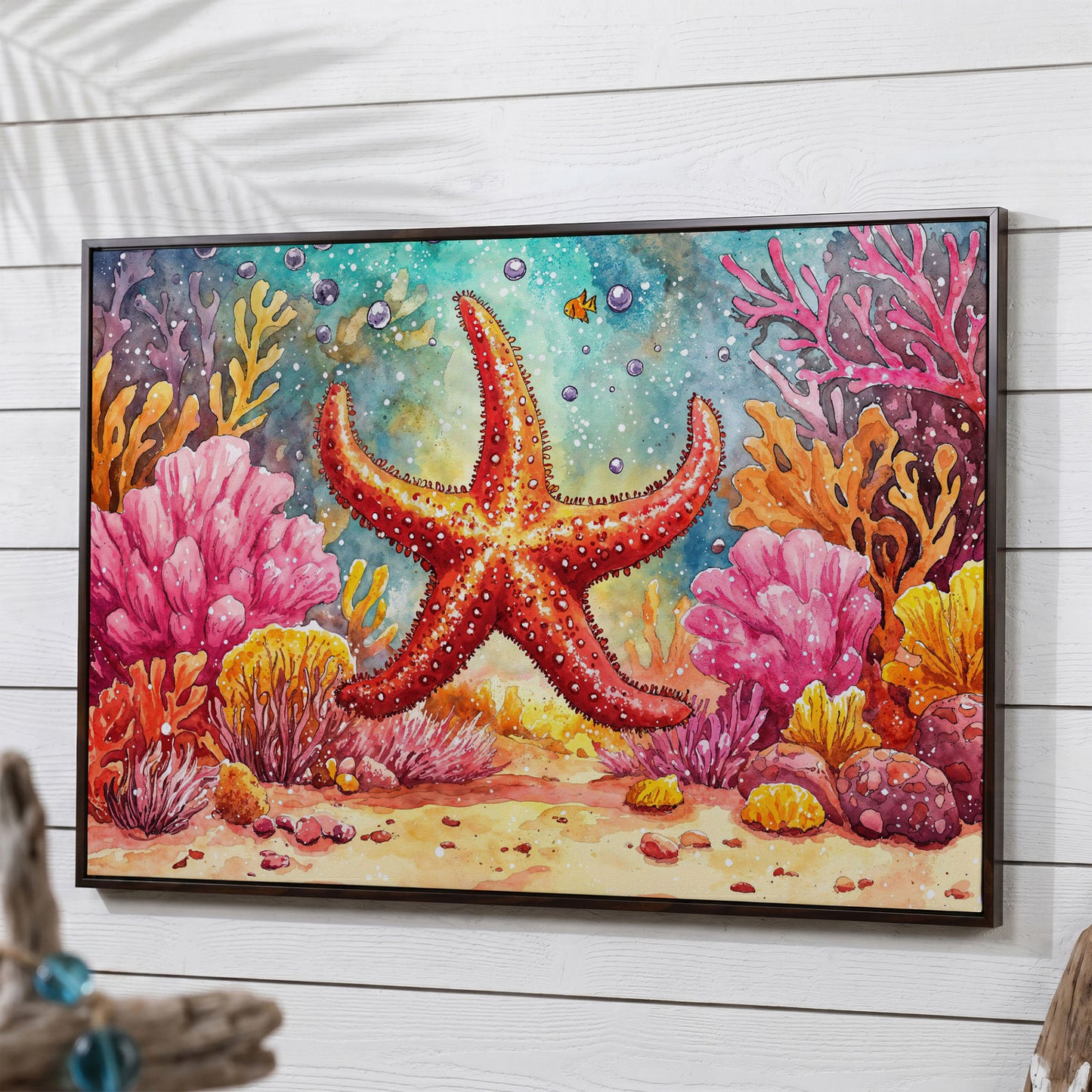 Starfish and Coral Reef Underwater Canvas Wall Art in dark walnut floating frame