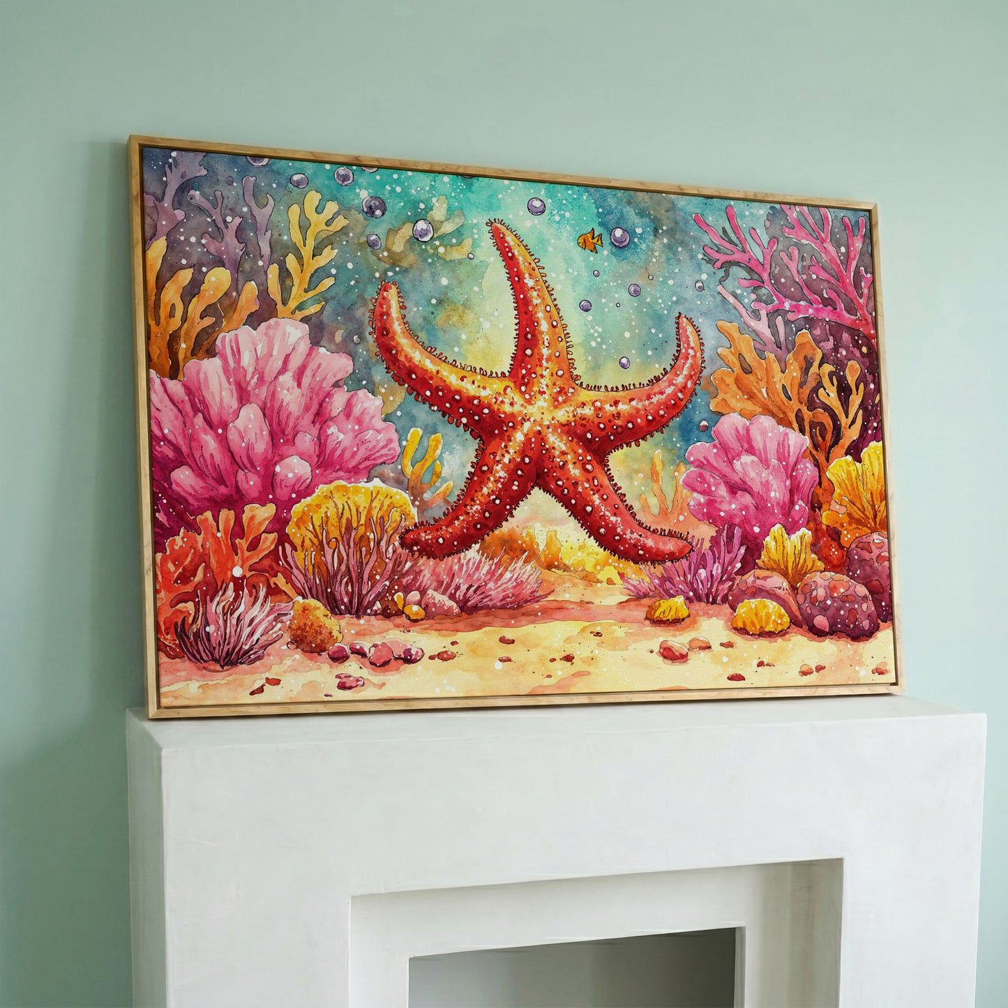 Starfish and Coral Reef Underwater Canvas Wall Art in white oak floating frame