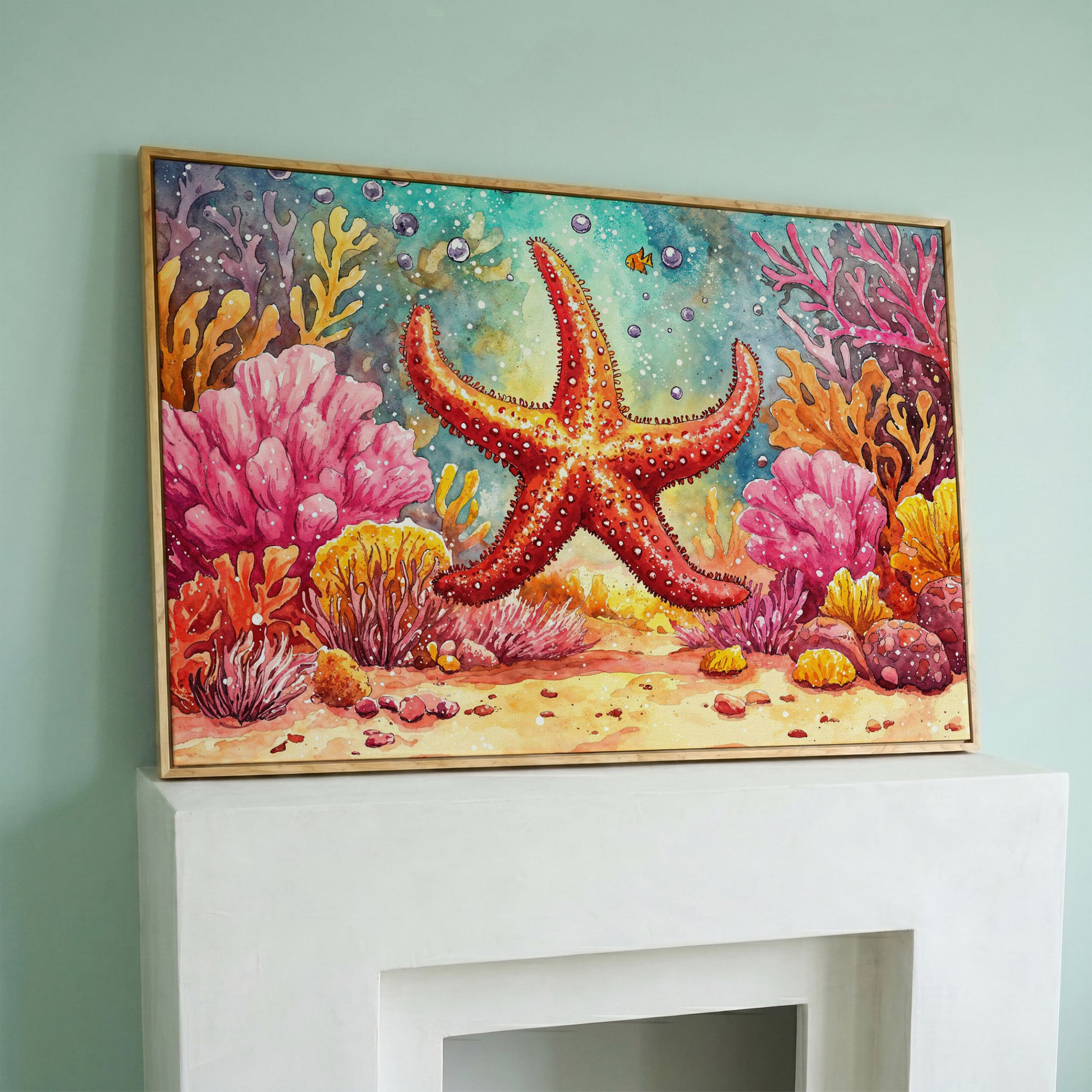 Starfish and Coral Reef Underwater Canvas Wall Art in white oak floating frame
