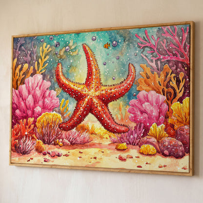 Starfish and Coral Reef Underwater Canvas Wall Art shown in white oak floating frame