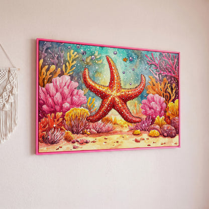 Starfish and Coral Reef Underwater Canvas Wall Art in pink floating frame