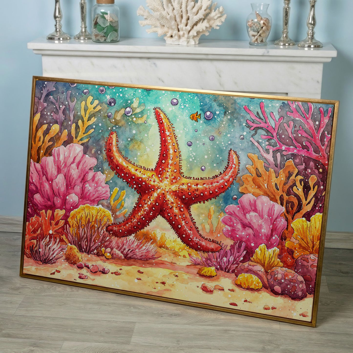 Starfish and Coral Reef Underwater Canvas Wall Art in rose gold floating frame