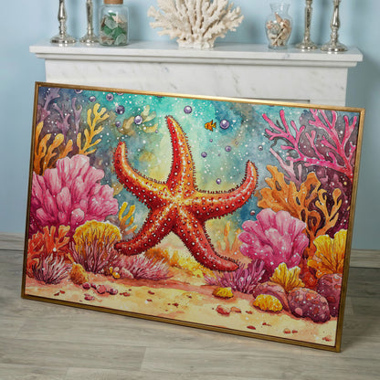 Starfish and Coral Reef Underwater Canvas Wall Art in rose gold floating frame
