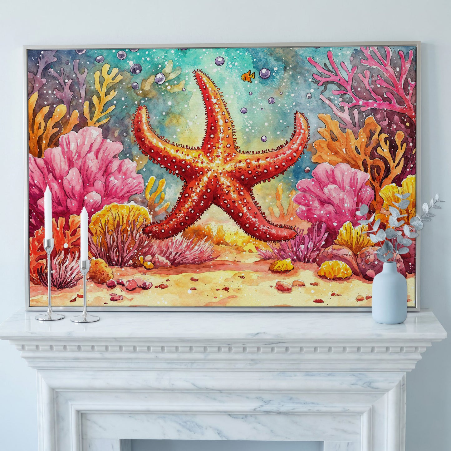 Starfish and Coral Reef Underwater Canvas Wall Art in silver floating frame