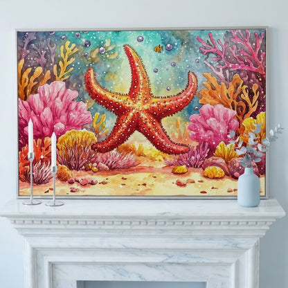Starfish and Coral Reef Underwater Canvas Wall Art in silver floating frame