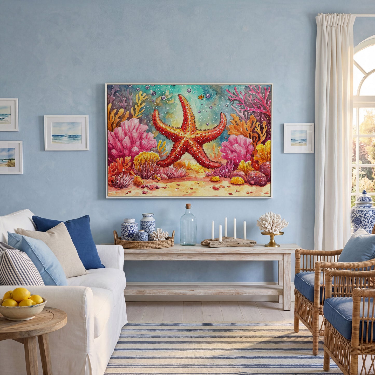 Starfish and Coral Reef Underwater Canvas Wall Art in white floating frame